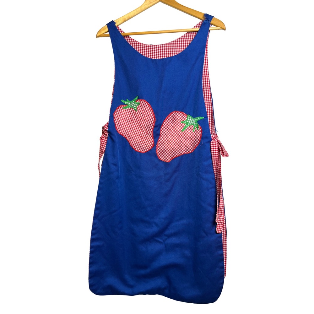 Vintage Handmade Reversible Apron‎ Blue Strawberry Gingham Red Check Pinafore
